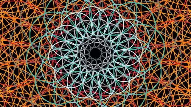 Intricate geometric mandala with vibrant colorful patterns on black background