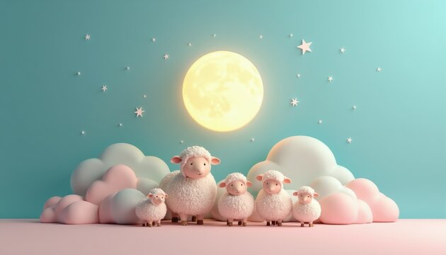 Cute fluffy sheep gather near bright moon on turquoise backdrop. Gentle clouds float above pastel landscape. Dreamy scene evokes calm sleep bedtime stories childhood innocence. Generative AI artwork