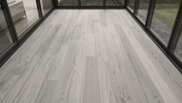 Interior and exterior wood flooring with light grey vitrified wooden plank surface