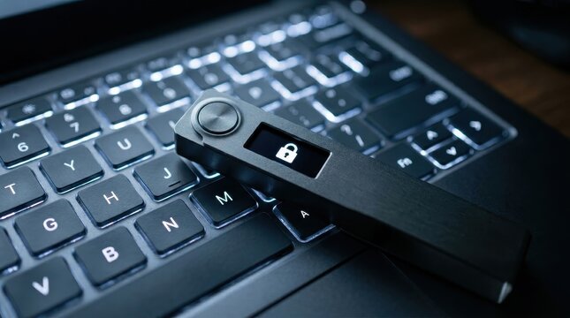 Hardware cryptocurrency wallet on laptop keyboard