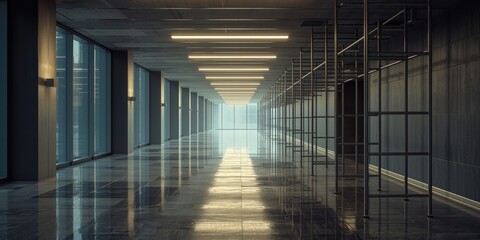 Naklejka premium Modern office floor glowing with polished ceramic tiles and scaffolding in place