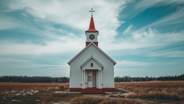 small church painted white and capped with a red roof