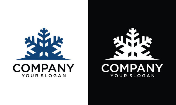 Linear snowflake logo templates for professional branding, dark blue and white on contrasting backgrounds.