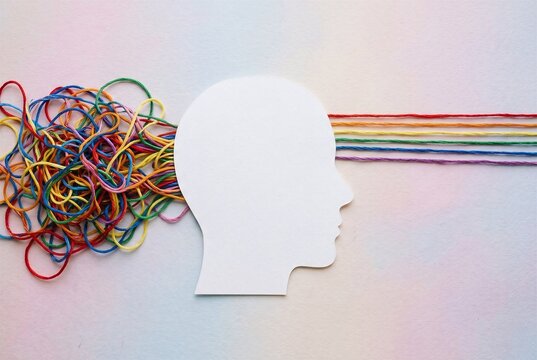 White head silhouette where chaotic tangled colored threads enter and exit as organized straight lines. Represents mental clarity, organization, and therapy.