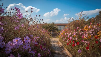 Obraz premium Nostalgic style garden featuring cosmos flowers in purple pink and red hues with blue sky backdrop