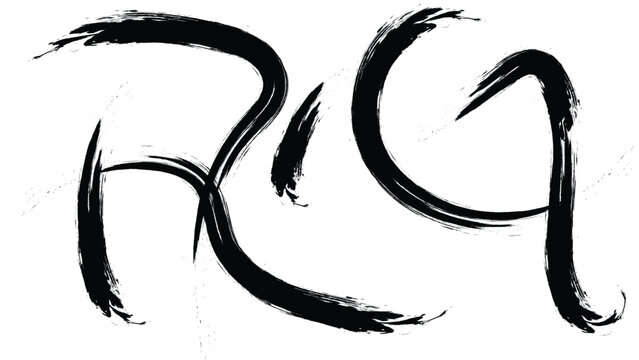 Handwritten RG monogram logo, black ink brush stroke lettering, calligraphic initial letters R and G, artistic vector typography on white background