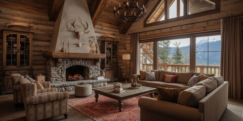 Obraz premium Traditional alpine lodge living room with seating, horns on wall, and mountain view