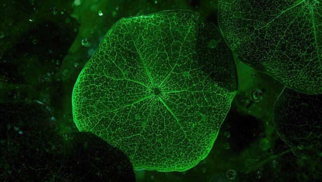 Microscopic analysis of leaf cells illustrating complex structures and deep green hues in natural surroundings