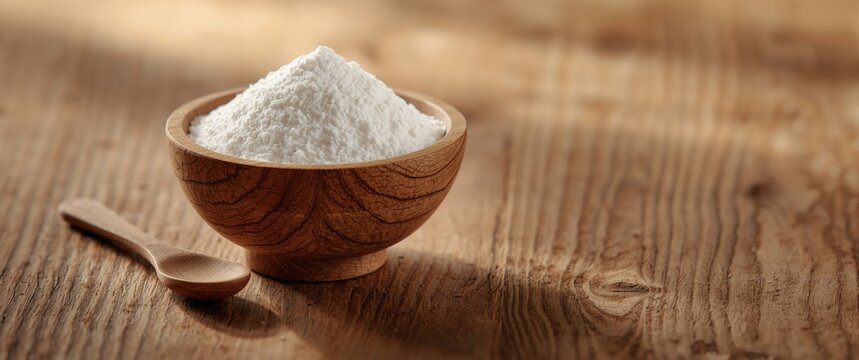 Rustic style wooden bowl containing calcium hydroxide powder alongside spoon on natural wood tabletop
