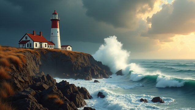 A red-and-white striped lighthouse perches on grassy rocky cliffs, with storm waves crashing below under dramatic golden light.