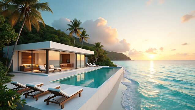 A sleek modern beach villa with an infinity pool overlooks turquoise waters, surrounded by palm trees at sunset.