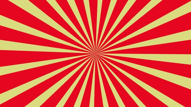 Animated retro sunburst background with rotating yellow rays on a red, Vibrant yellow,
orange, and red radial sunburst background. Looping 4K stripe animation fits promos, comics, and dynamic scenes.