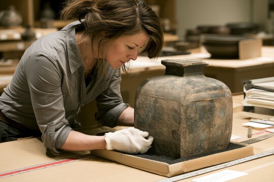 Museum registrar carefully measuring ceramic artifact with gloves in preservation workspace