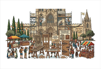 Obraz premium Detailed Vector Illustration Of A Historic City Square With Restoration Work