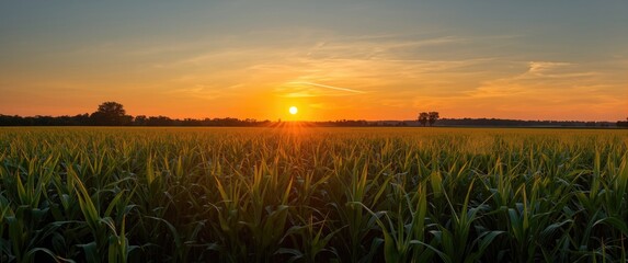 Radiant sunrise hues spreading warmth throughout a lush cornfield