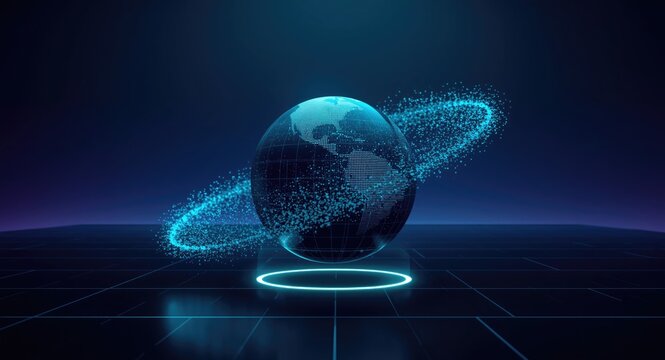 Digital globe with flowing virtual particles representing global scientific data networks in a futuristic metaverse setting