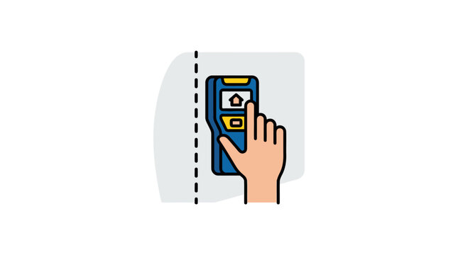 Hand using stud finder tool on wall for home renovation and construction