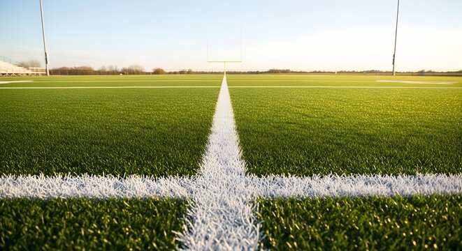 Freshly Painted Line on a Green Sports Field Under Clear Sky with Goalposts in the Distance