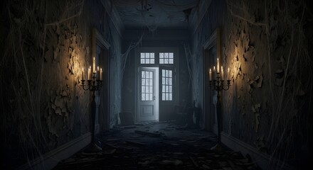 Obraz premium Haunted hallway in an abandoned mansion with cobwebs and lit candelabras