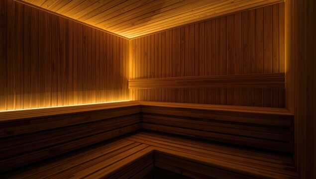 Relaxation focused wooden sauna featuring warm colors and textured surfaces