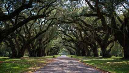 Fototapeta premium Tranquil driveway shaded by ancient oak trees with sprawling limbs