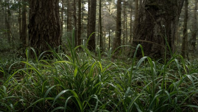 Dense woodland background with wild leeks thriving vibrantly