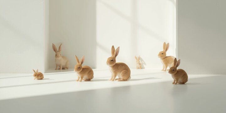 Tiny rabbit figures set on a smooth white floor with natural light
