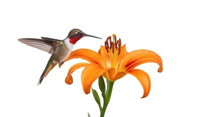Fototapeta premium Ruby throated hummingbird hovering beside fresh orange lily flower against white background