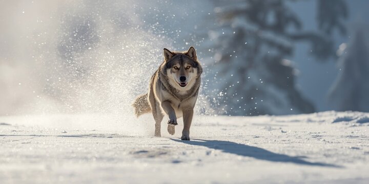 energetic wolfdog leaping in snow covered winter terrain