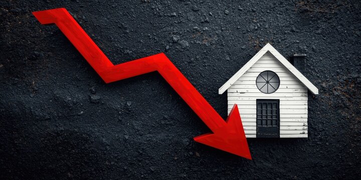 Symbolic image of a white house accompanied by a red downward arrow depicting a decline in property market prices