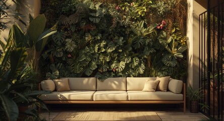 Obraz premium inviting outdoor seating area with a lush plant covered wall
