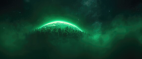 Obraz premium Green planet set against a mysterious dark green interstellar fog