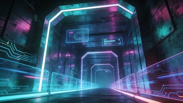 Generative AI visualizes a futuristic neon-lit digital tunnel scene