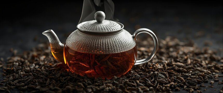 Close up of a steaming teapot with herbal tea placed on a bed of loose tea leaves