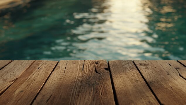 empty rustic wooden table and blurred water pool background