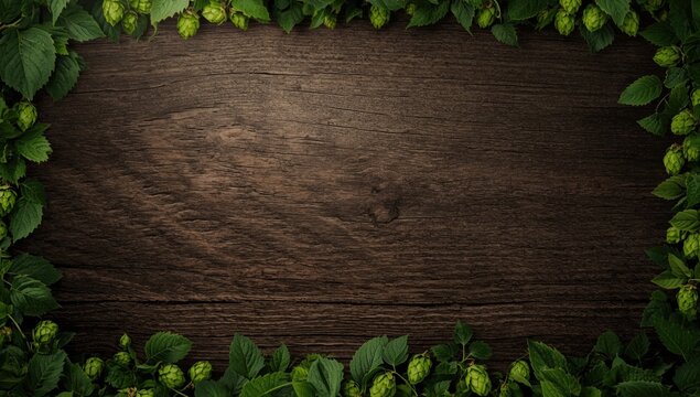 Rough hewn wood grain background encircled by green hops border and copy space