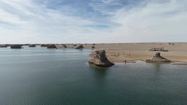 Flying Over Water Yadan Rock Islands in Northwestern China