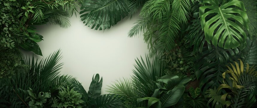 Rainforest inspired wallpaper with dense tropical plant layering and palms