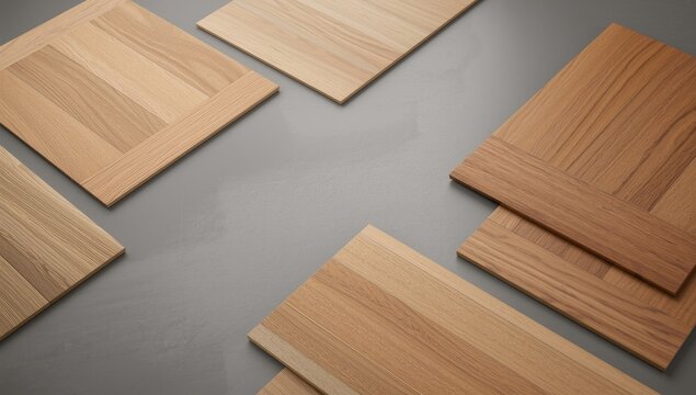 Variety of oak parquet flooring samples arranged on a matte gray surface with copy space