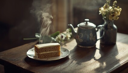 Fototapeta premium Rustic wooden table setup featuring steaming tea and a delicious cake in cozy light