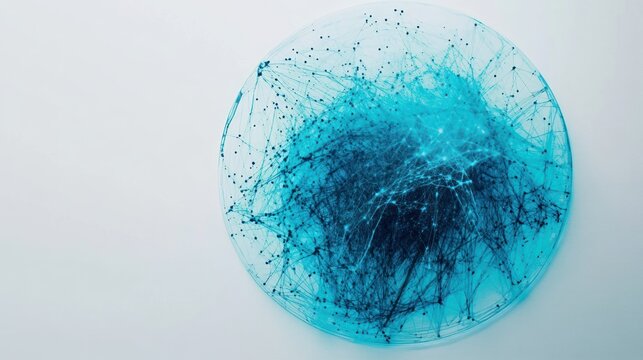 Intricate network of blue lines and nodes in circular formation on a white backdrop
