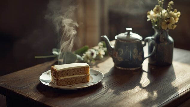 Rustic wooden table setup featuring steaming tea and a delicious cake in cozy light