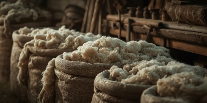 Rural workshop scene showing sacks stuffed with recently shorn sheep fleece ready for cleaning