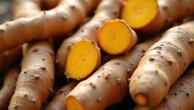 Fresh organic turmeric roots piled together. Raw golden rhizomes with rough brown skin, one sliced showing vibrant yellow interior. Natural food ingredient, healthy spice.