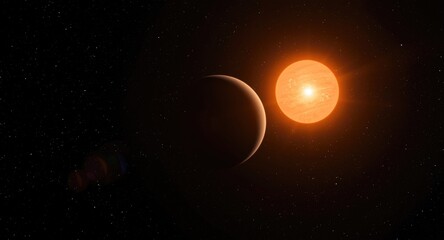 Obraz premium Solar system scene with planet orbiting bright sun in deep space