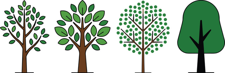 Stylized tree illustrations showing diverse artistic designs with branches, leaves, and abstract canopies for nature and education projects © MdMahabur