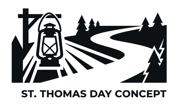 Black and white illustration featuring a vintage railroad lantern on tracks curving through a forest of pine trees, with 'ST. THOMAS DAY CONCEPT' text below.
