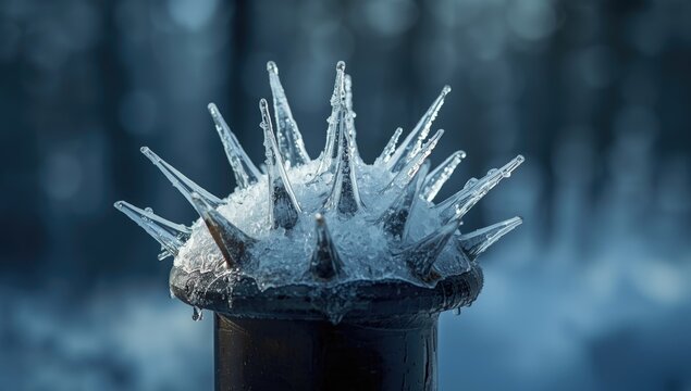 Ice formations creating icy spikes on a common drainpipe outdoors