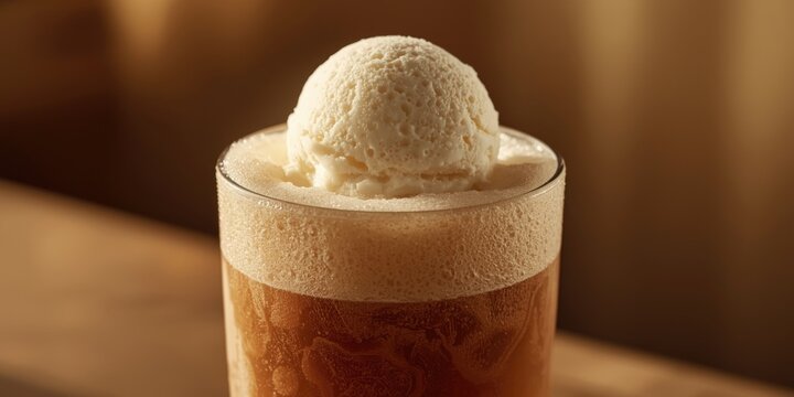 Sparkling root beer float with thick ice cream and cold foam