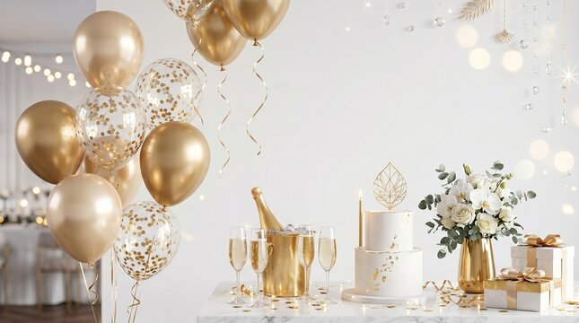 Modern luxury birthday concept with a white cake, gold champagne, gifts, balloons, and a flower bouquet on a table.